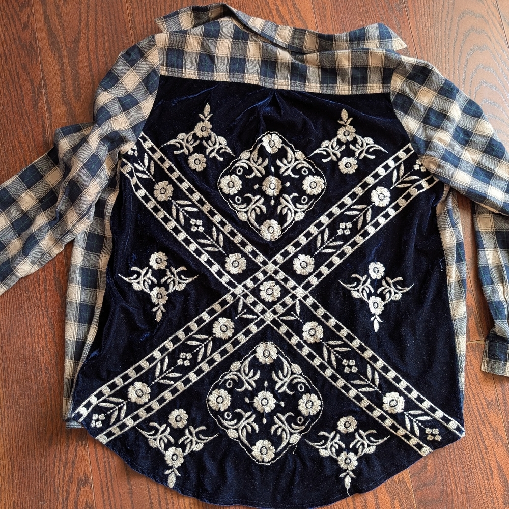 Papparazzi Vintage Navy blue Beige Plaid Mixed Velvet Flannel Shirt Grunge Festi